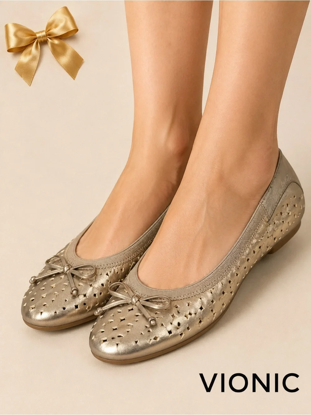 Vionic Spark Surin Metallic Gold Laser Cut Ballet Flats Size 8
